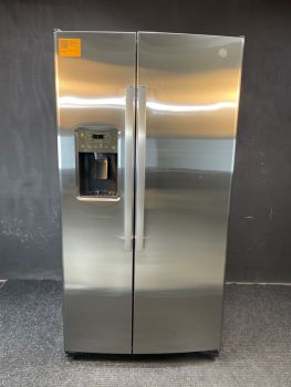GE 25.3 Cu Ft 35.75" Wide Side by Side Refrigerator in Print Proof Stainless - GSS25GYPFSC