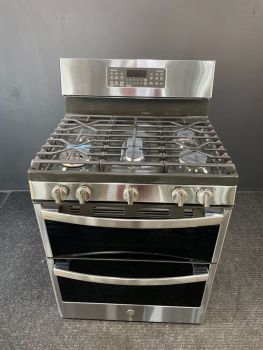 Cocina de gas GE Profile de 6.7 pies cúbicos con doble horno, convección, freidora de aire y 5 quemadores en acero inoxidable PrintRes - PGB965YPFSC