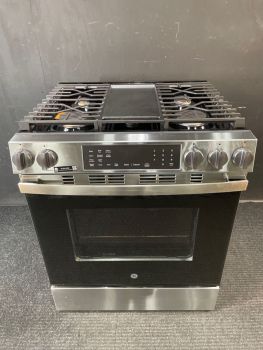 GE 30" Slide-In Conv Gas Range w/ No Preheat Air Fry and EasyWash Oven Tray in Stainless - GGS600AVFSC