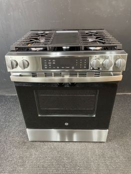 GE 30" Slide-In Conv Gas Range w/ No Preheat Air Fry and EasyWash Oven Tray in Stainless - GGS600AVFSC