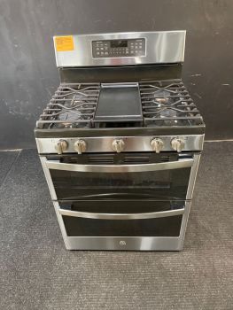 GE 30 Inch Gas FreeStanding Double Oven Steam Clean Range with Convection in Stainless - JGBS86SPSS