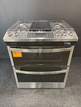 Cocina de gas GE de 76 cm (30 pulgadas) con doble horno, sistema de limpieza a vapor y plancha, en acero inoxidable color pizarra - JGSS86SPSSC