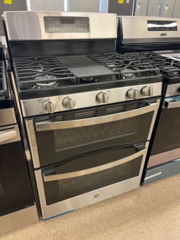 GE 30 Inch Gas FreeStanding Double Oven Steam Clean Range with Convection in Stainless - JGBS86SPSS